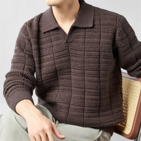 Cable-Knit Cotton Collar Sweater - Brown