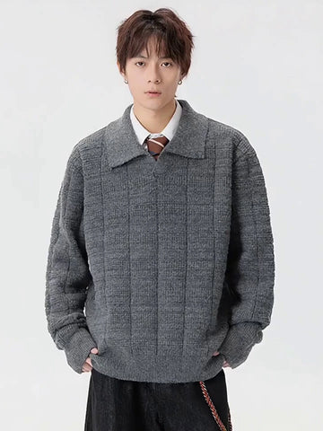Cable-Knit Cotton Collar Sweater - Grey