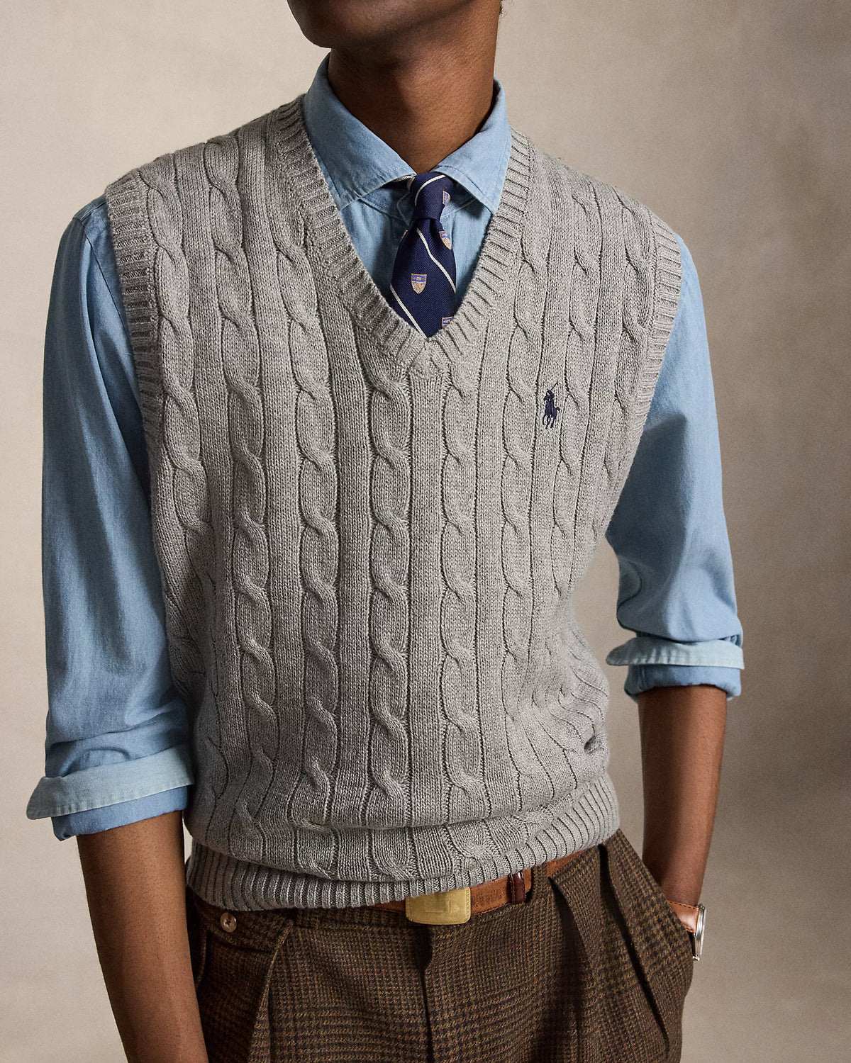 Cable-Knit Cotton Sweater Vest - Grey Heather