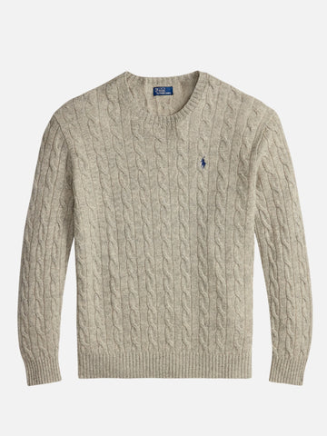 Cable Knit Cotton Crew Neck Sweatshirt - Beige