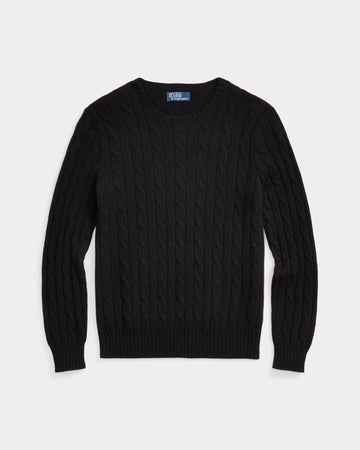 Cable Knit Cotton Crew Neck Sweatshirt - Black
