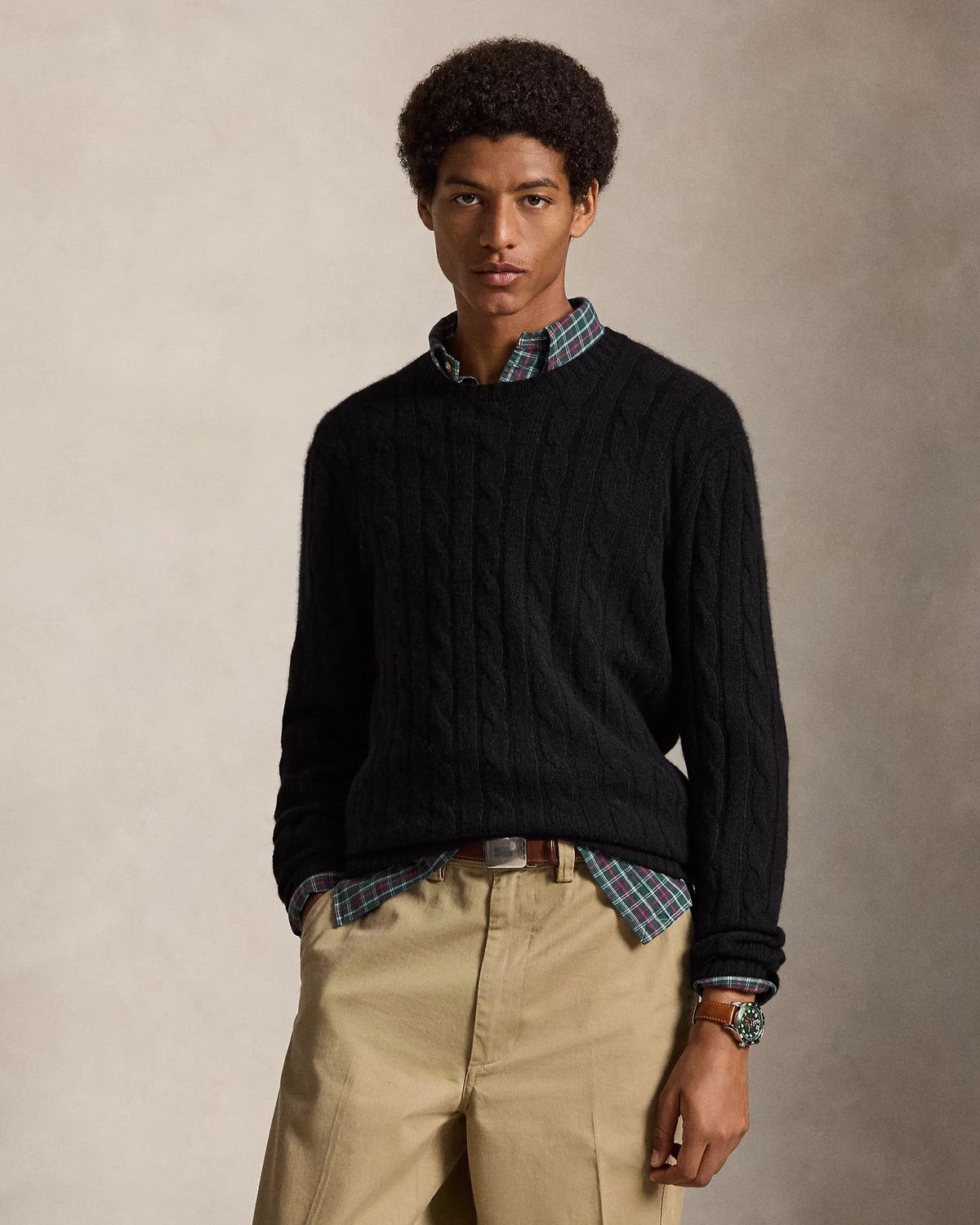 Cable Knit Cotton Crew Neck Sweatshirt - Black
