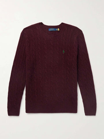Cable Knit Cotton Crew Neck Sweatshirt - Burgundy