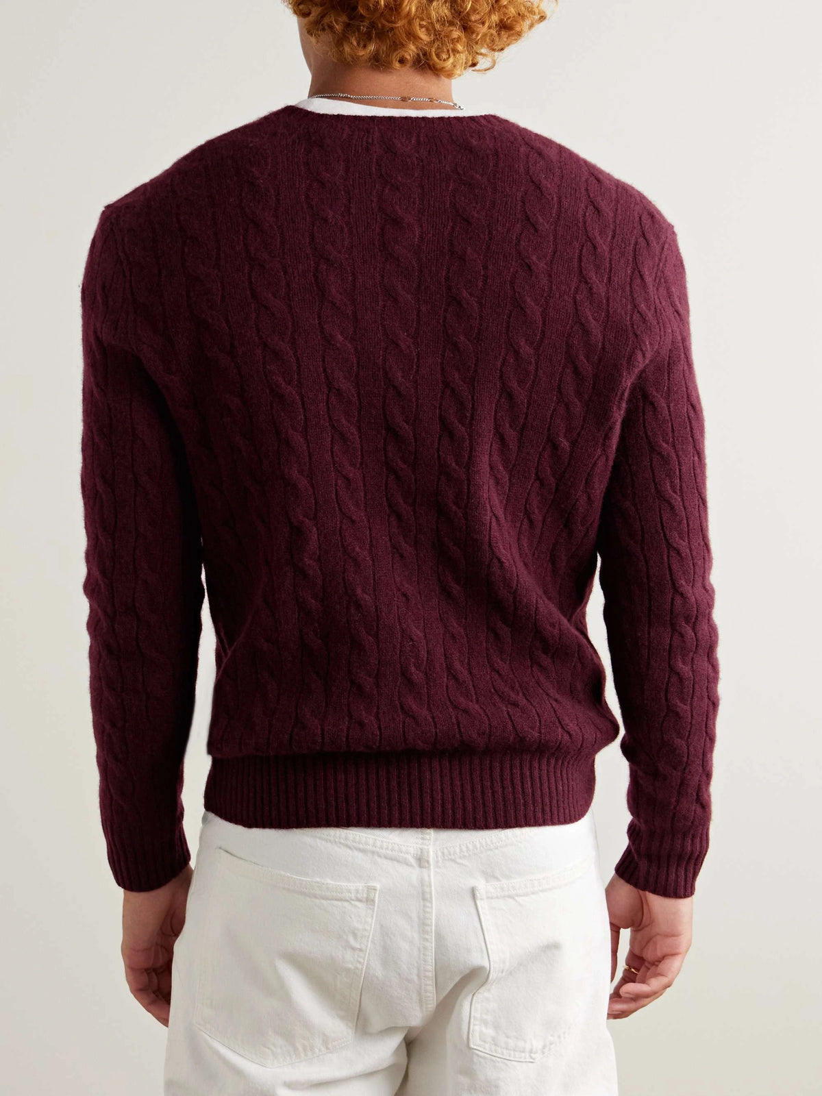 Cable Knit Cotton Crew Neck Sweatshirt - Burgundy