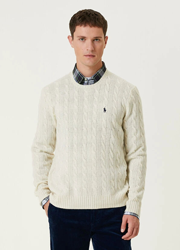 Cable Knit Cotton Crew Neck Sweatshirt - Cream