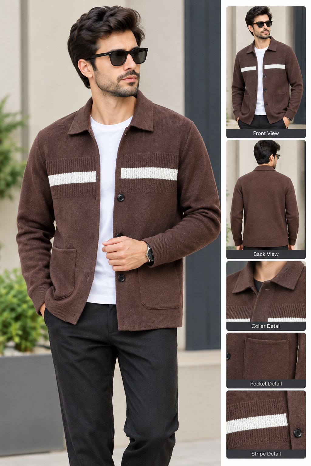 Single Stripe Collar Sweater - Brown