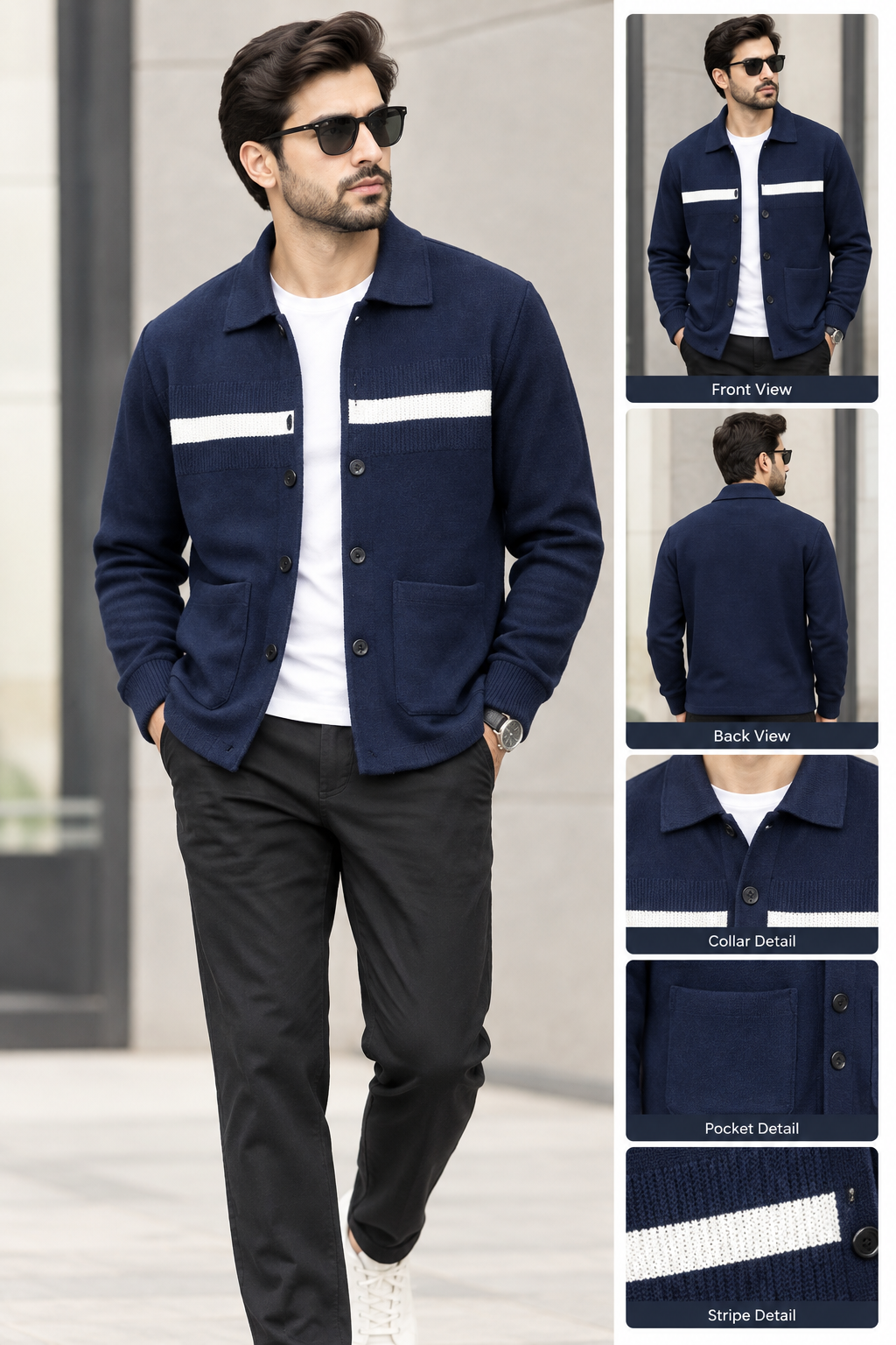 Single Stripe Collar Sweater - Blue