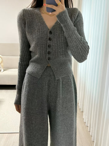 Premium Wool V Neck Co-Ord Set - Grey