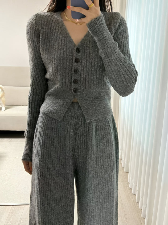 Premium Wool V Neck Co-Ord Set - Grey