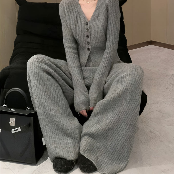 Premium Wool V Neck Co-Ord Set - Grey
