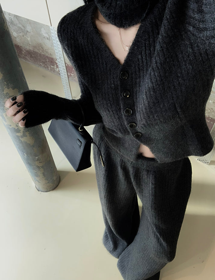 Premium Wool V Neck Co-Ord Set - Black