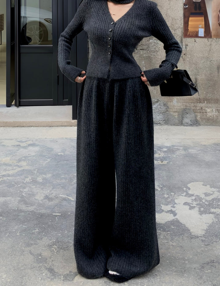 Premium Wool V Neck Co-Ord Set - Black