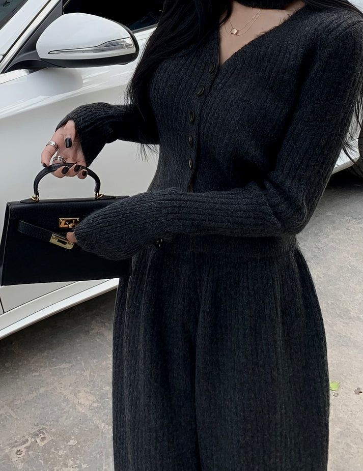 Premium Wool V Neck Co-Ord Set - Black