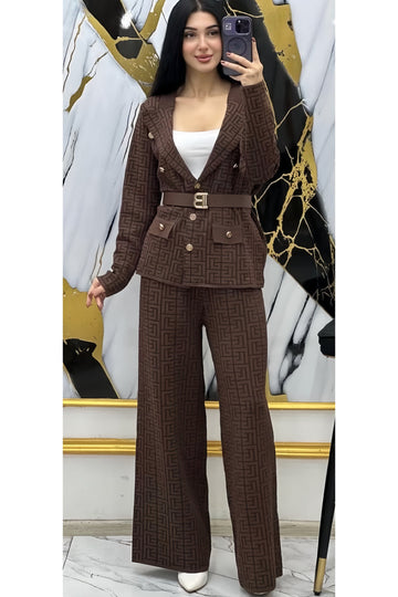 Luxurious Suit with a Geometric Pattern and Belt - Brown