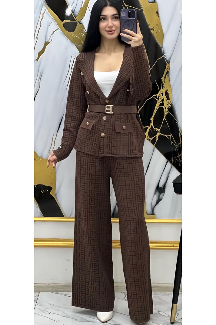 Luxurious Suit with a Geometric Pattern and Belt - Brown