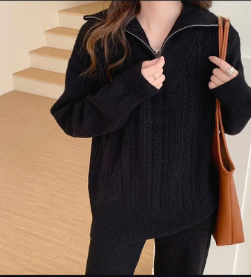 Zip-Neck Cable Knit Co-Ord - Black