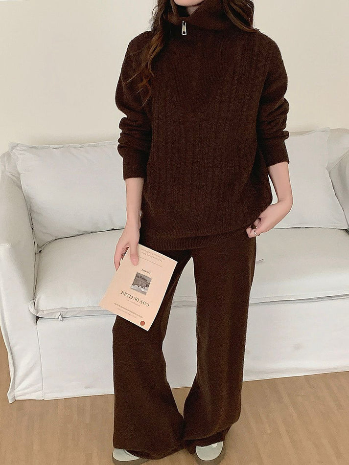 Zip-Neck Cable Knit Co-Ord - Brown