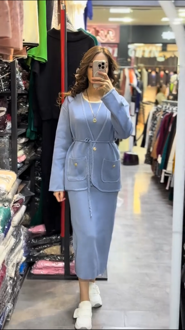 Belted jacket and skirt, two-piece set - Blue