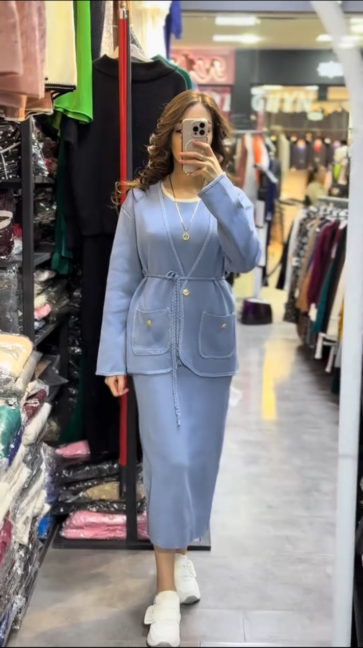Belted jacket and skirt, two-piece set - Blue