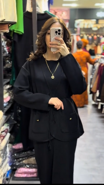 Belted jacket and skirt, two-piece set - Black