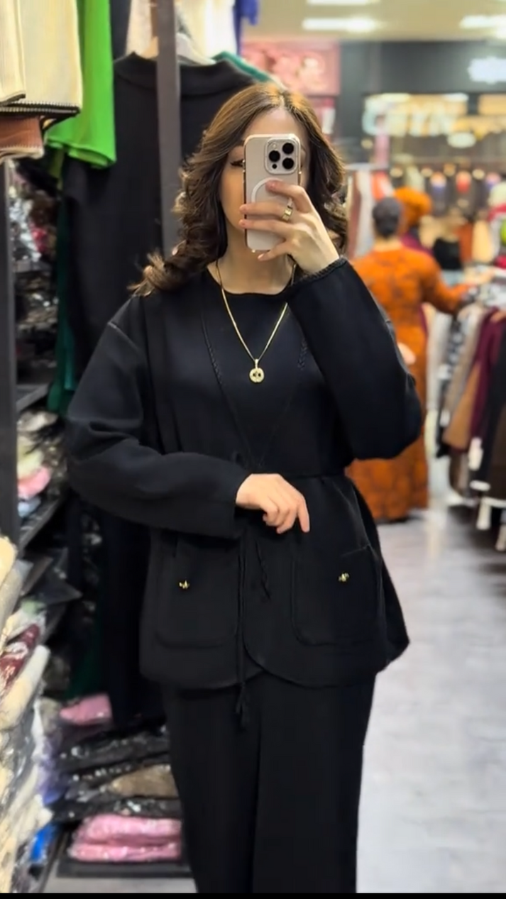 Belted jacket and skirt, two-piece set - Black