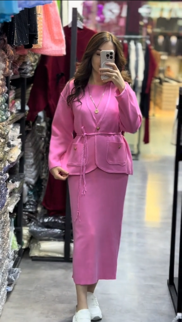 Belted jacket and skirt, two-piece set - Pink