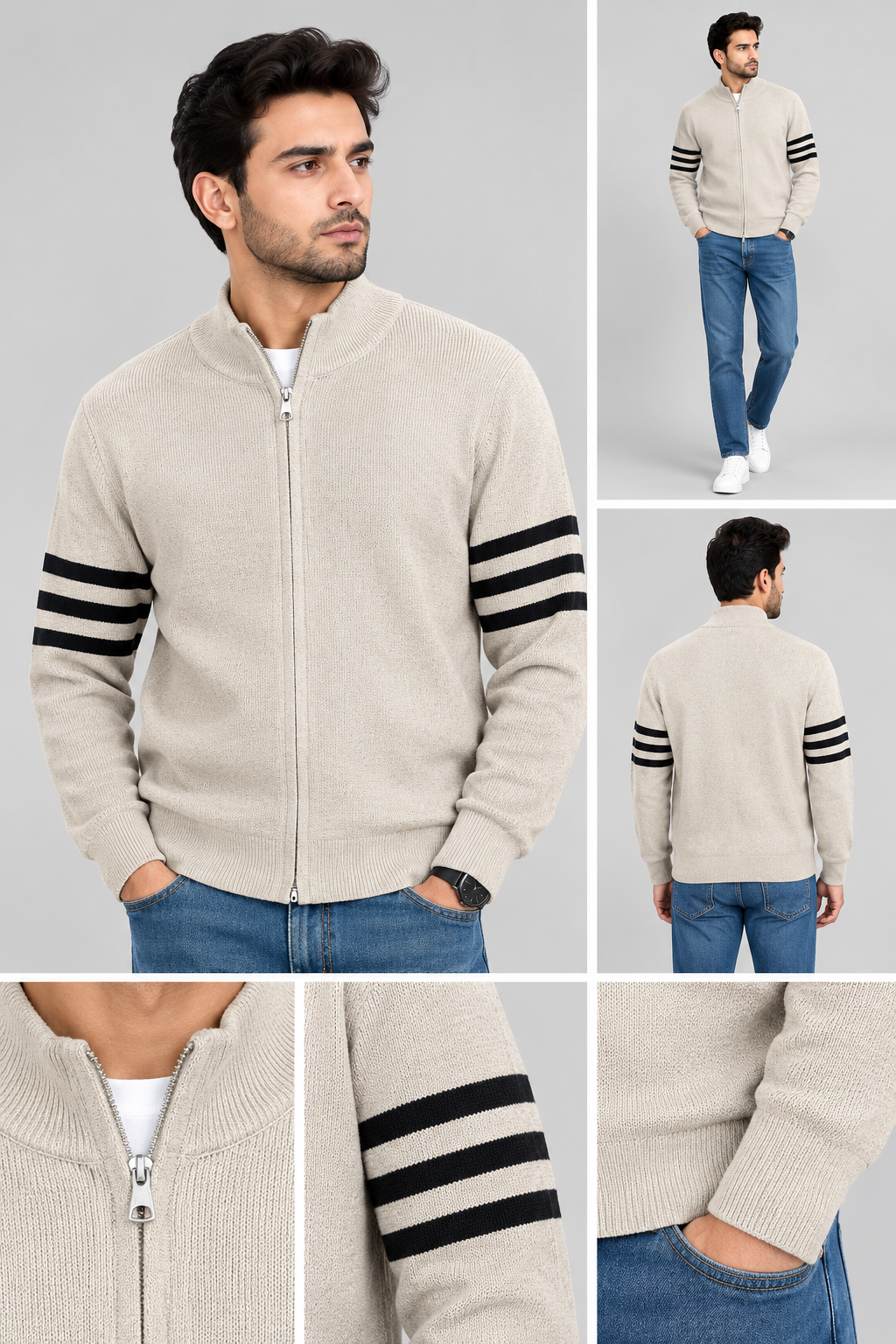 Triple Stripes Knitted Sweater - Beige