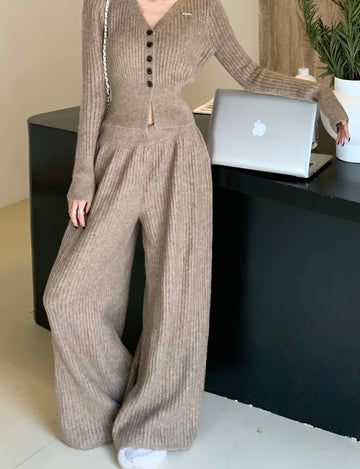 Premium Wool V Neck Co-Ord Set - Beige
