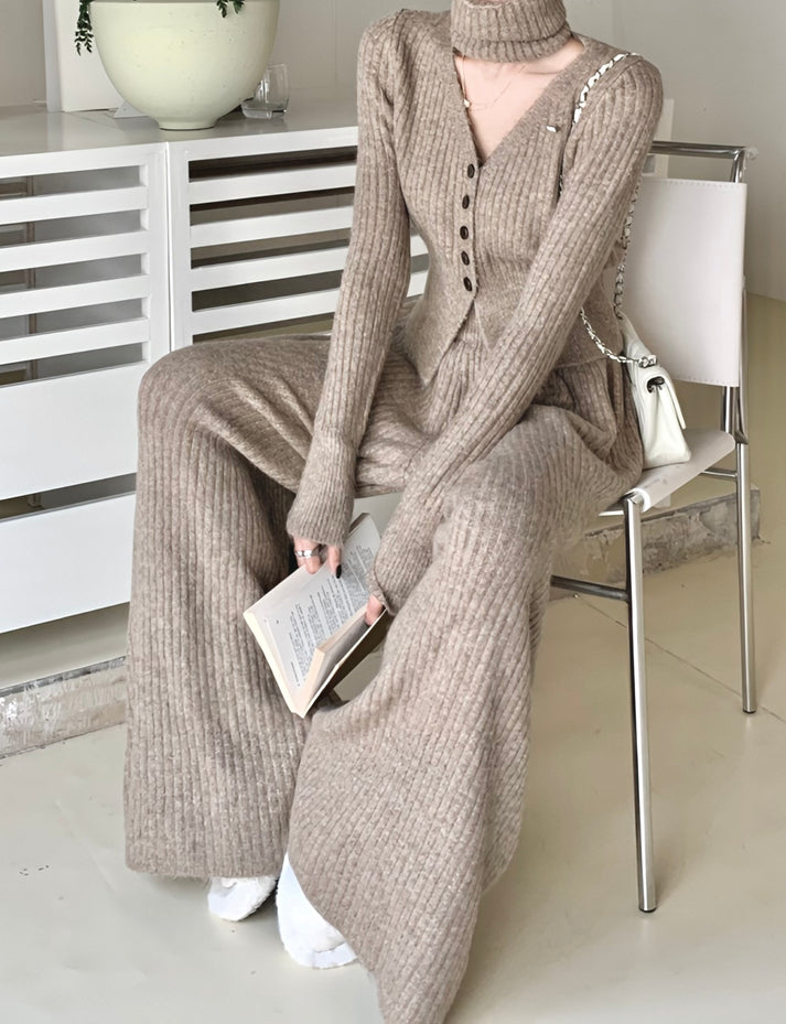 Premium Wool V Neck Co-Ord Set - Beige