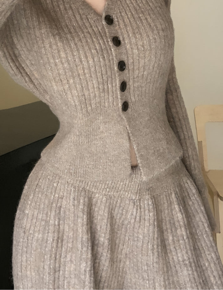Premium Wool V Neck Co-Ord Set - Beige
