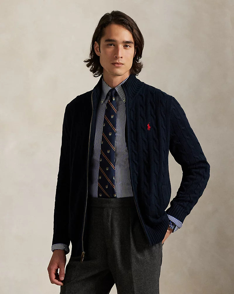 Cable-Knit Full-Zip Jumper - Navy